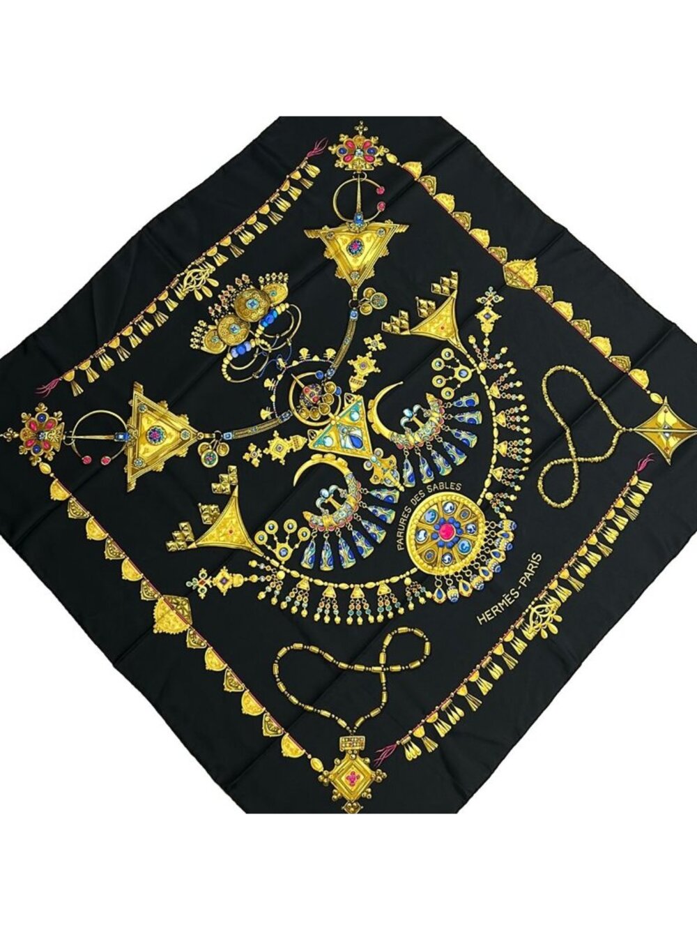 Hermes Scarf Carre 90 Black Dark Yellow Multi Parures Des Sables